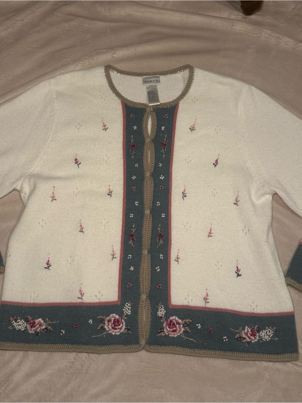 Koret Cream Cardigan Sweater with Blue-Green and Pink Floral Embroidery